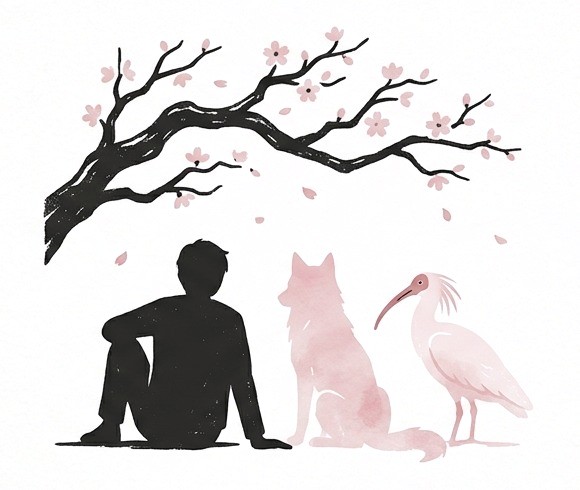 桜の下で、人とオオカミとトキが並んで花見をしている。人は黒い影、オオカミとトキは淡い桃色で消えかけている