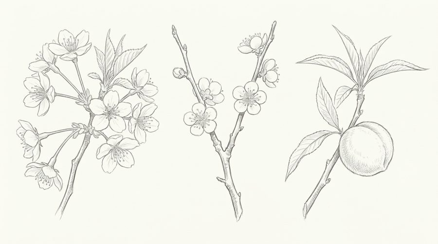 Pencil sketch of cherry, ume and peach branches