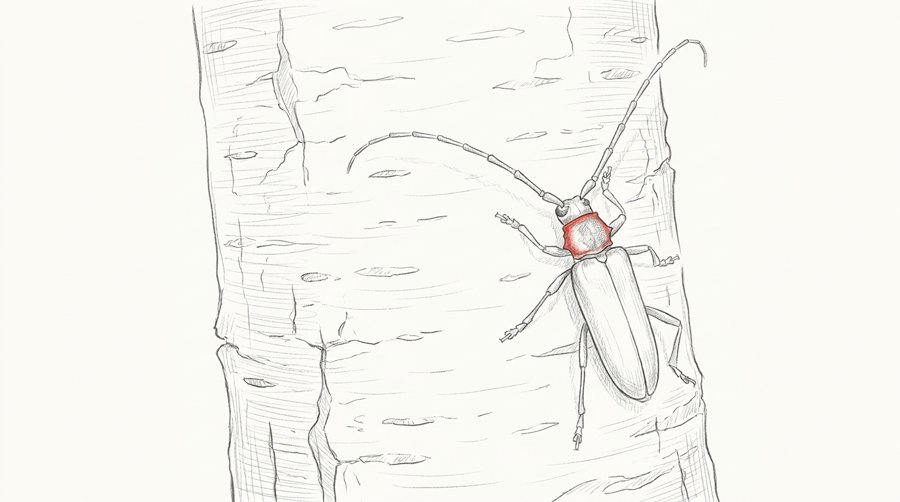 サクラの幹に止まるクビアカツヤカミキリ成虫の鉛筆スケッチ